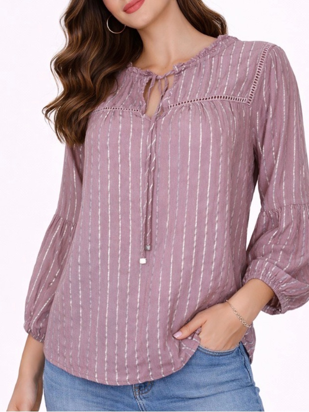 Adrienne Vittadini blouse top puff sleeve boxy tie neck pink/white flowy top